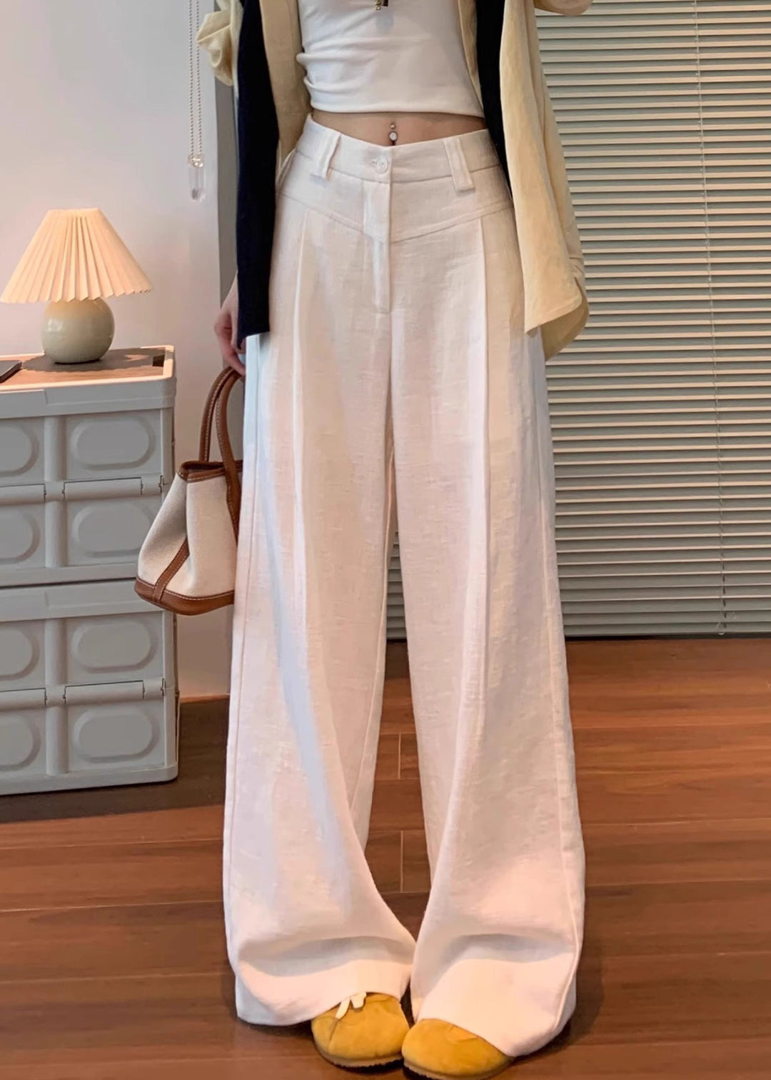 Original White Button High Waist Linen Pants Fall
