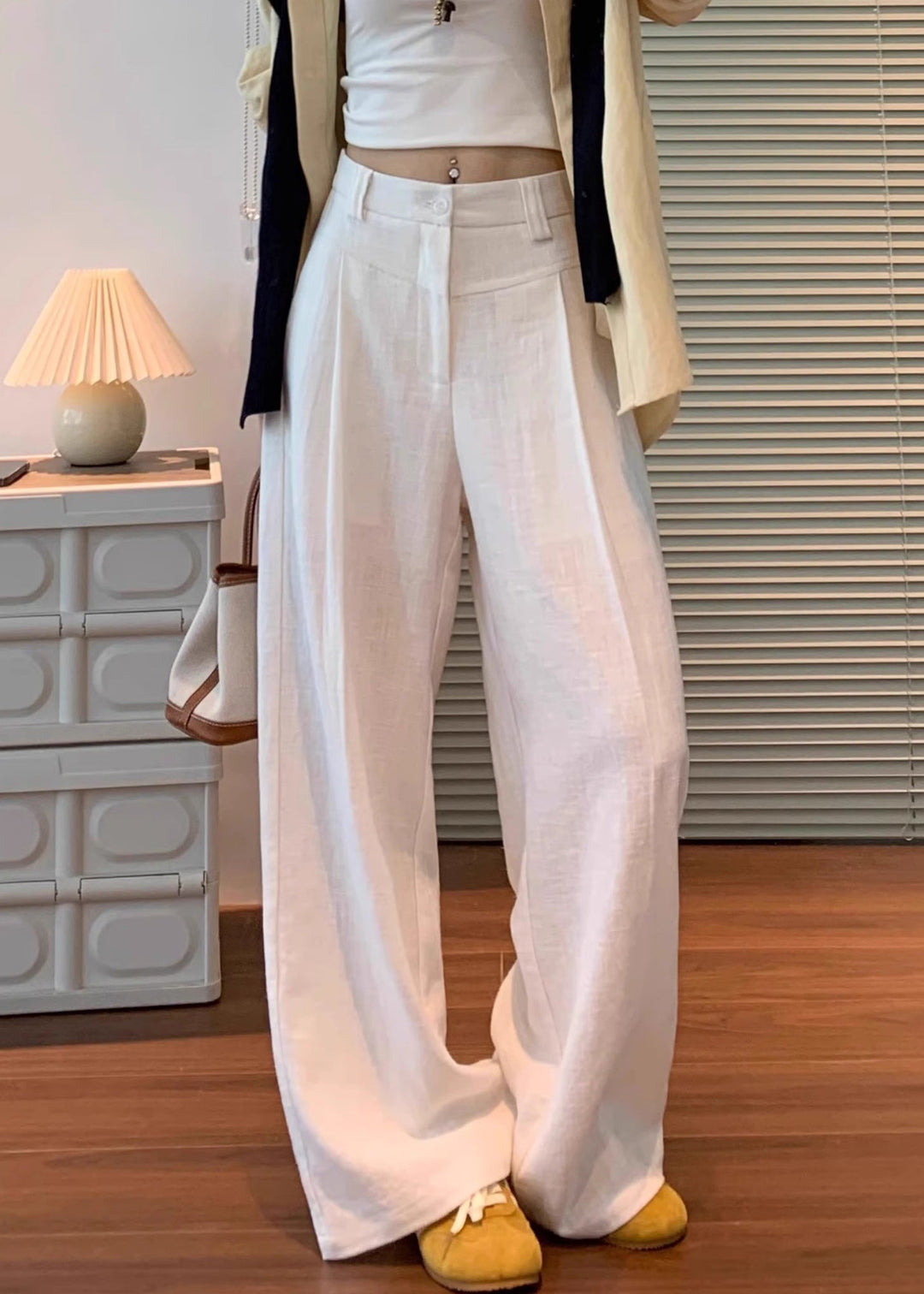 Original White Button High Waist Linen Pants Fall