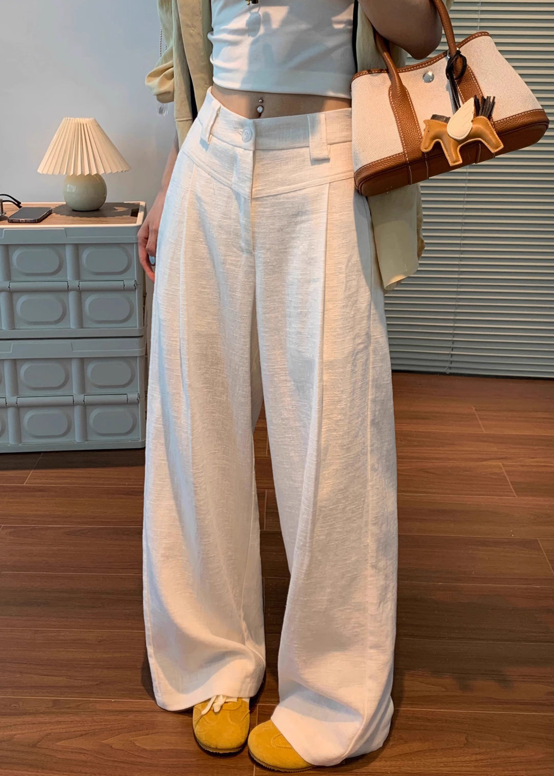 Original White Button High Waist Linen Pants Fall