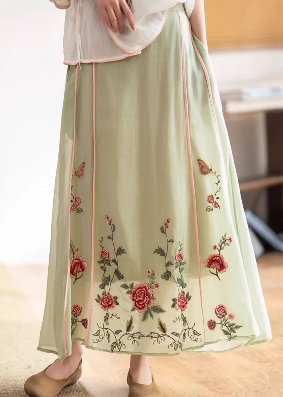 Original White Embroidered Elastic Waist Pockets Cotton Skirt Summer
