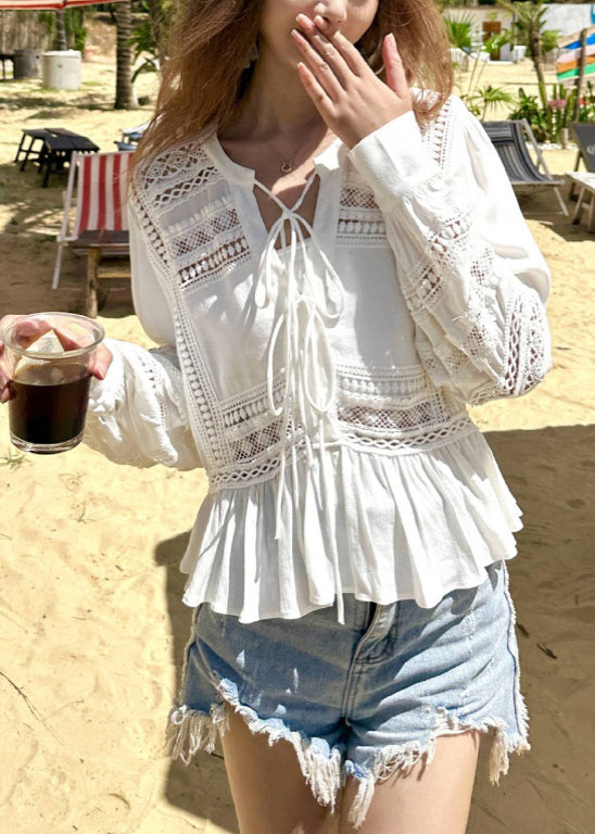 Original White Hollow Out Lace Up Cotton Shirt Fall