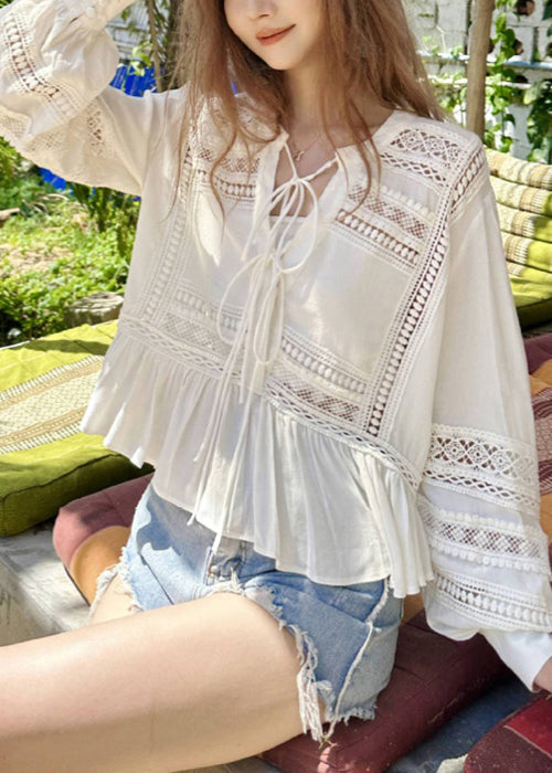 Original White Hollow Out Lace Up Cotton Shirt Fall