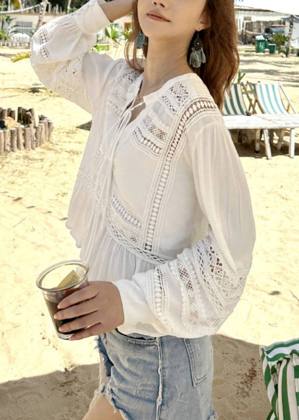 Original White Hollow Out Lace Up Cotton Shirt Fall