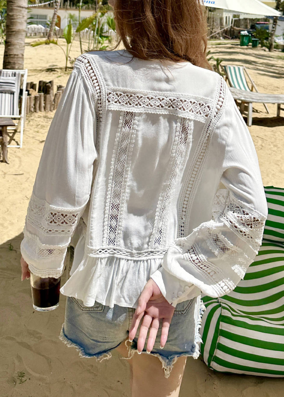 Original White Hollow Out Lace Up Cotton Shirt Fall