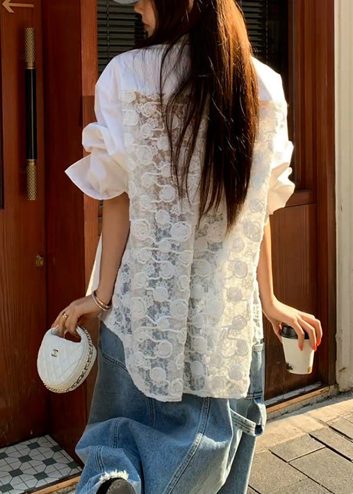 Original White Peter Pan Collar Button Lace Patchwork Shirt Spring