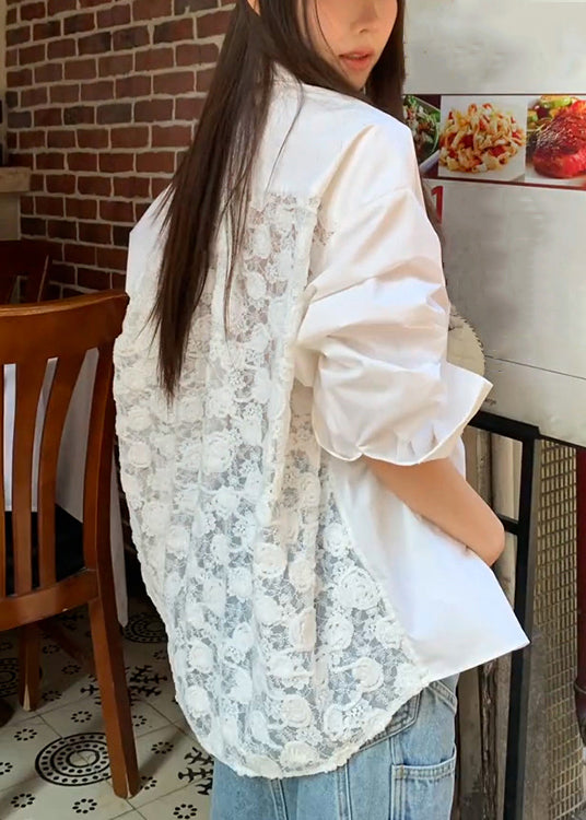 Original White Peter Pan Collar Button Lace Patchwork Shirt Spring