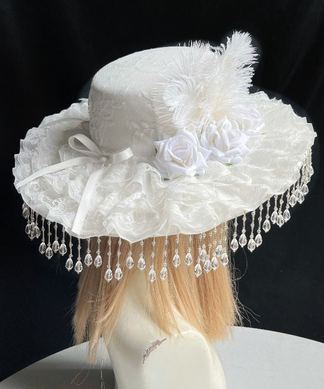Original White Rose Pearl Tassel Lace Feather Cloche Hat