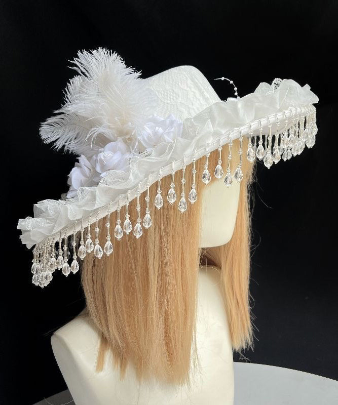 Original White Rose Pearl Tassel Lace Feather Cloche Hat