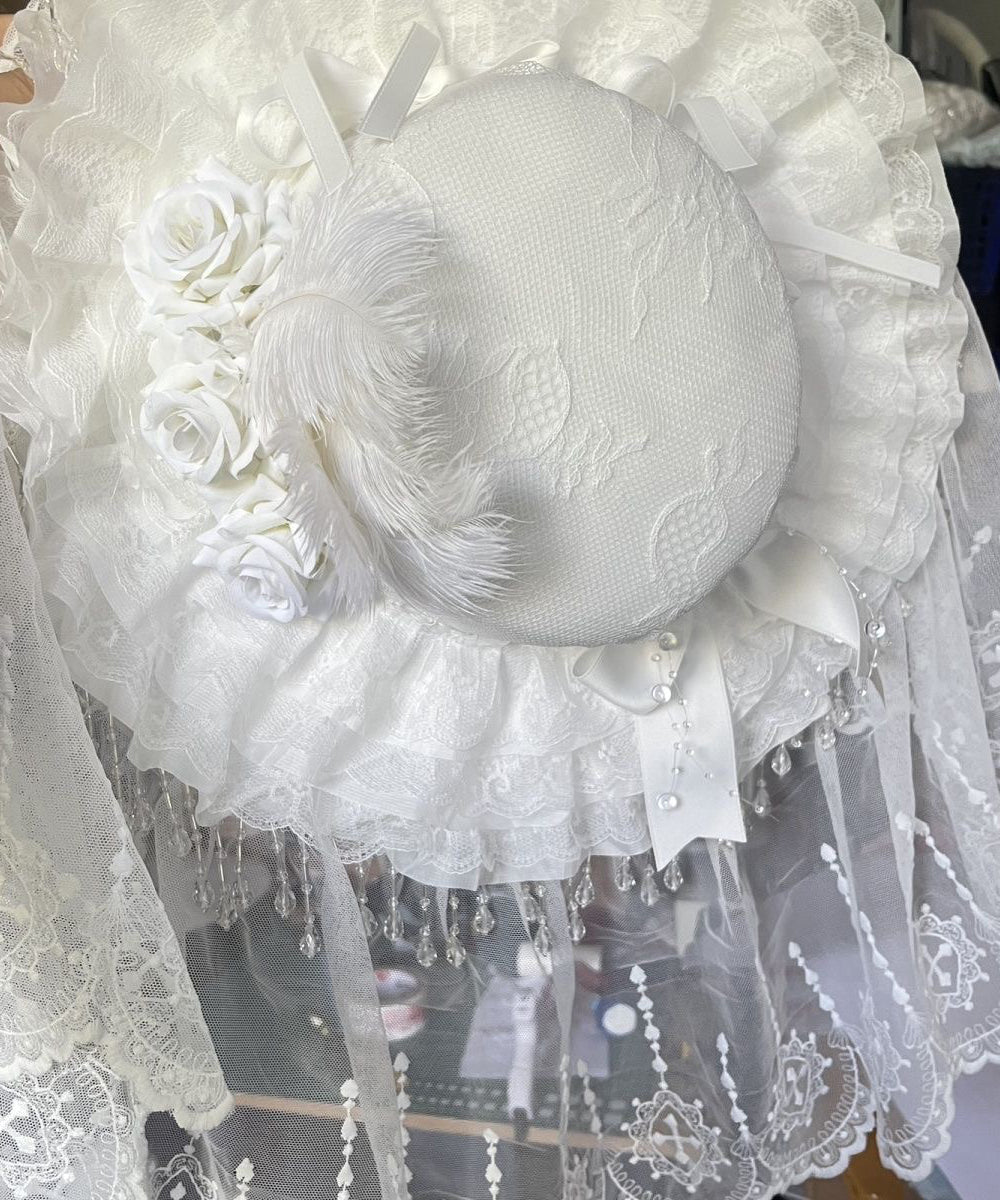 Original White Rose Pearl Tassel Lace Feather Cloche Hat