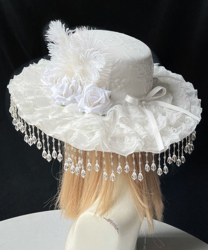 Original White Rose Pearl Tassel Lace Feather Cloche Hat