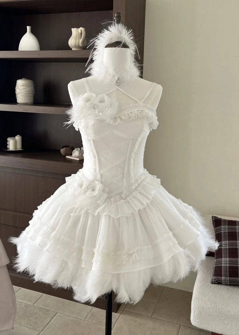 Original White Ruffled Feather Patchwork Spaghetti Strap Dress Sleeveless