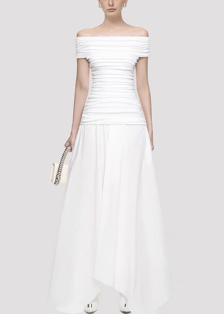 Original White Slash Neck Wrinkled Knitting Cotton Long Dress Summer