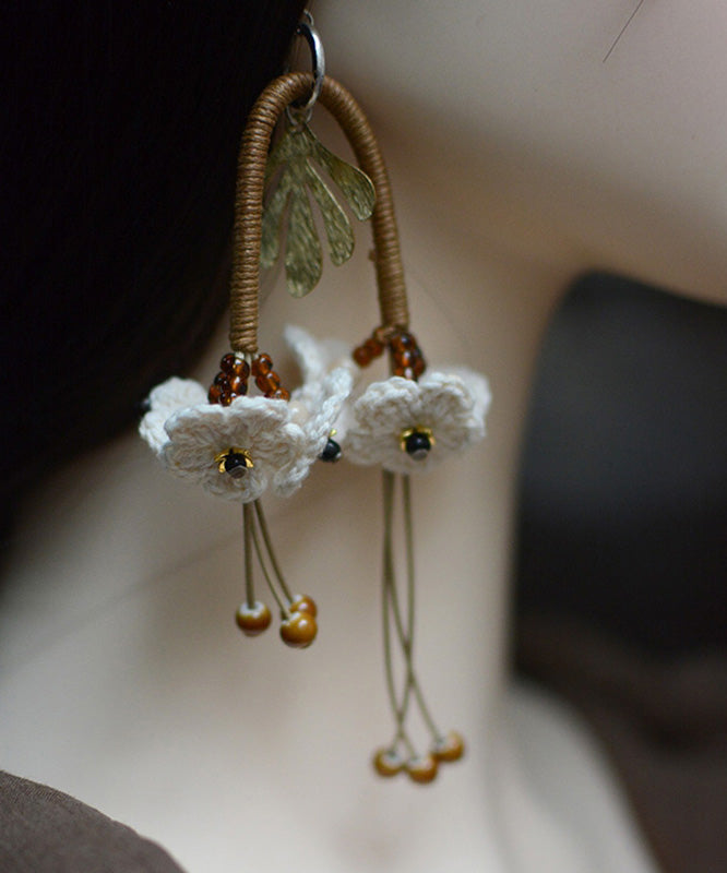 Original White Sterling Silver Weaving Floral Tassel Drop Earrings