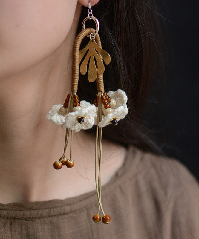 Original White Sterling Silver Weaving Floral Tassel Drop Earrings