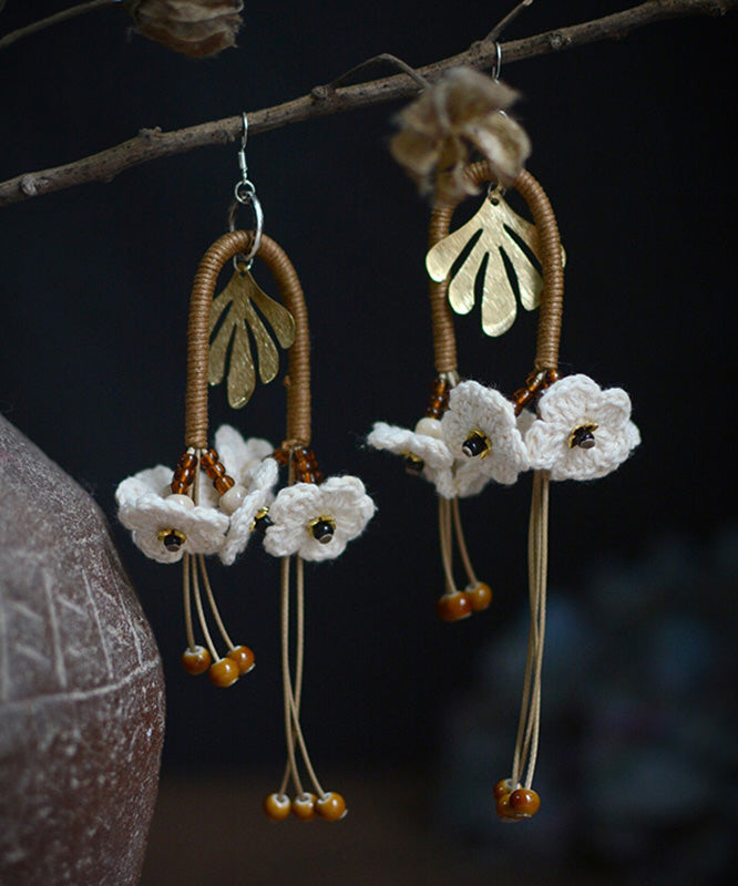 Original White Sterling Silver Weaving Floral Tassel Drop Earrings