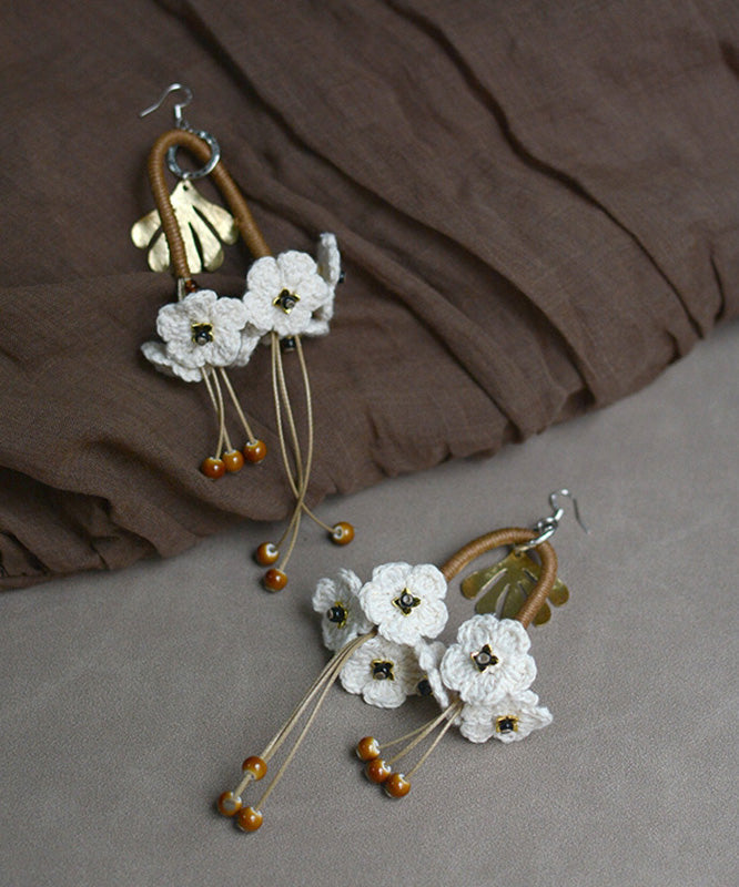 Original White Sterling Silver Weaving Floral Tassel Drop Earrings