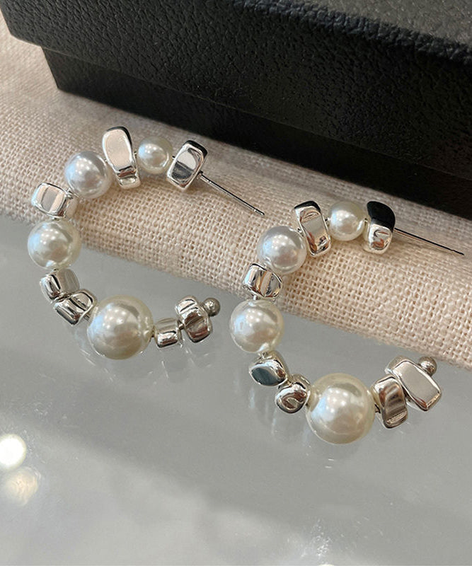 Original White Sterling Silver Pearl Broken Silver Hoop Earrings