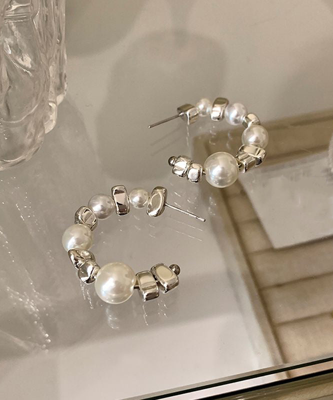 Original White Sterling Silver Pearl Broken Silver Hoop Earrings