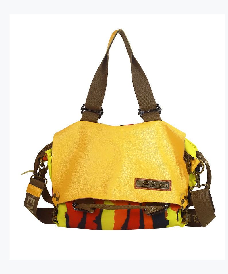 Original Yellow High-Capacity Patchwork Cowhide Outdoor Travel Shoulder Bag