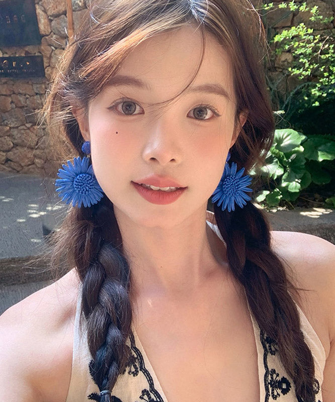 Oversize Blue Alloy Weave Sunflower Drop Earrings