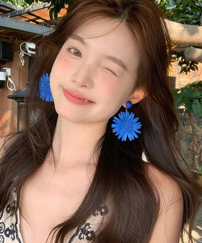 Oversize Blue Alloy Weave Sunflower Drop Earrings