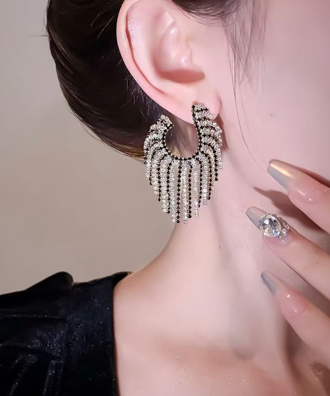 Oversize Copper Zircon Asymmetrical Geometry Tassel Hoop Earrings