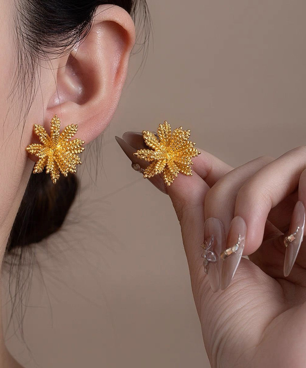 Oversize Gold Copper Alloy Floral Stud Earrings