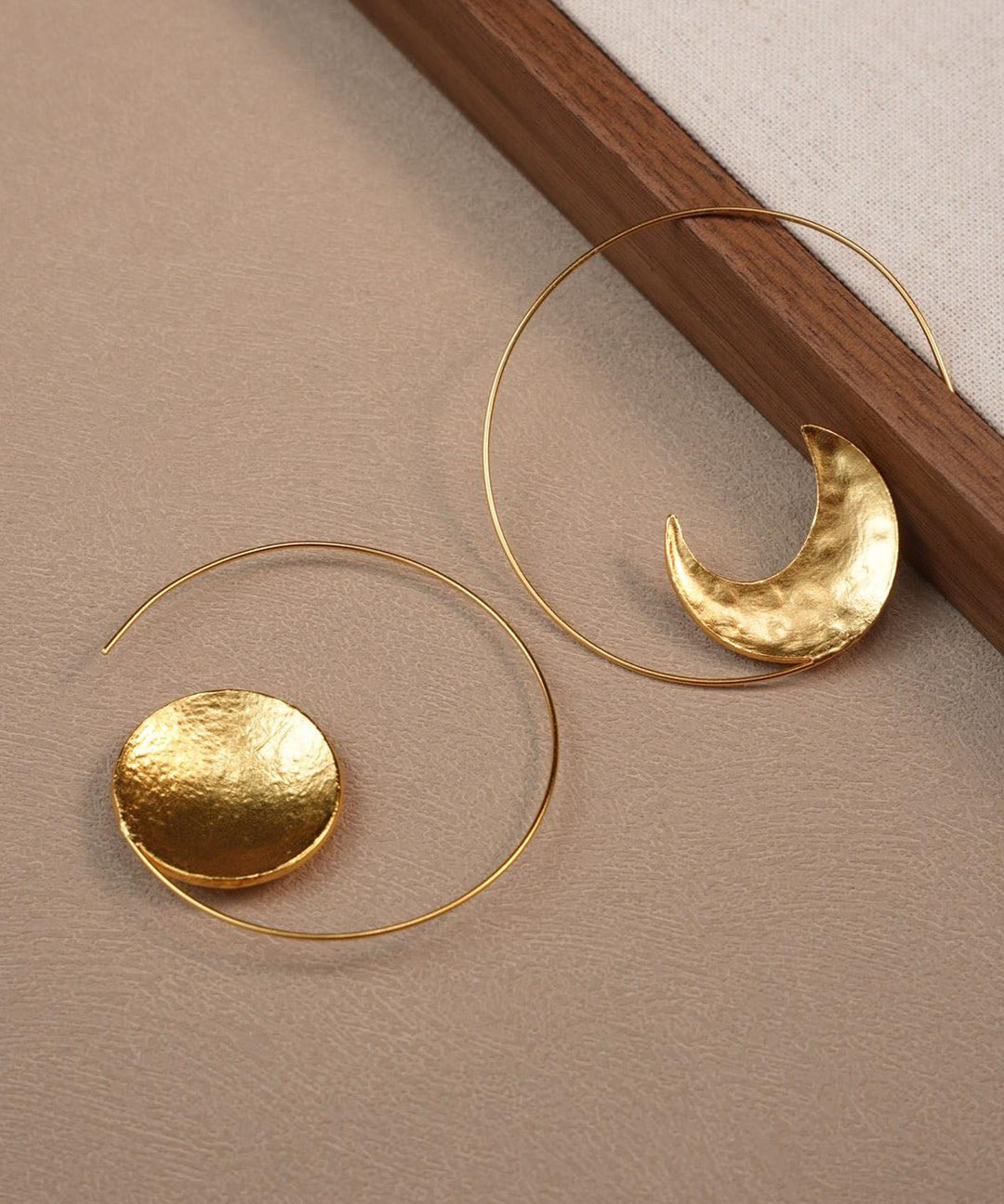 Oversize Gold Copper Overgild Asymmetrica Sun And Moon Hoop Earring
