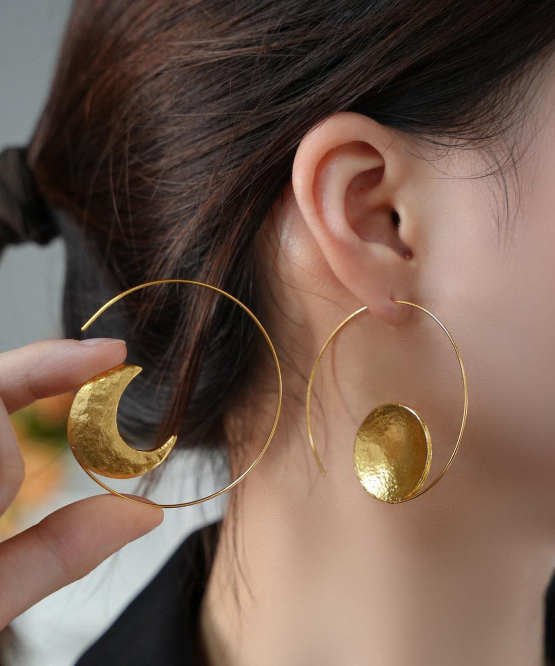 Oversize Gold Copper Overgild Asymmetrica Sun And Moon Hoop Earring