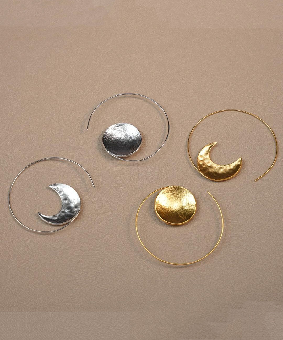 Oversize Gold Copper Overgild Asymmetrica Sun And Moon Hoop Earring