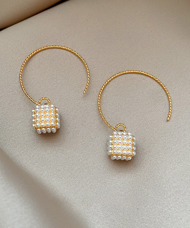 Oversize Gold Copper Overgild Lantern Pearl Hoop Earrings