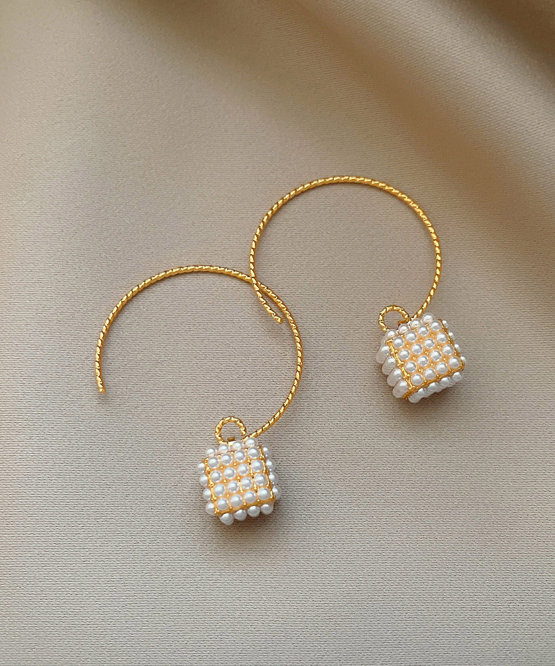 Oversize Gold Copper Overgild Lantern Pearl Hoop Earrings