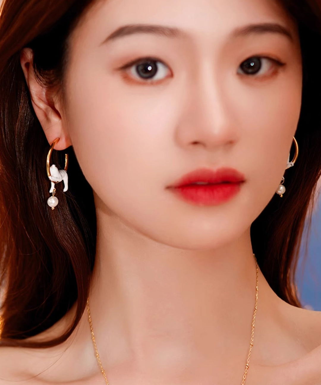 Oversize Gold Copper Overgild Pearl Little Cats Hoop Earrings