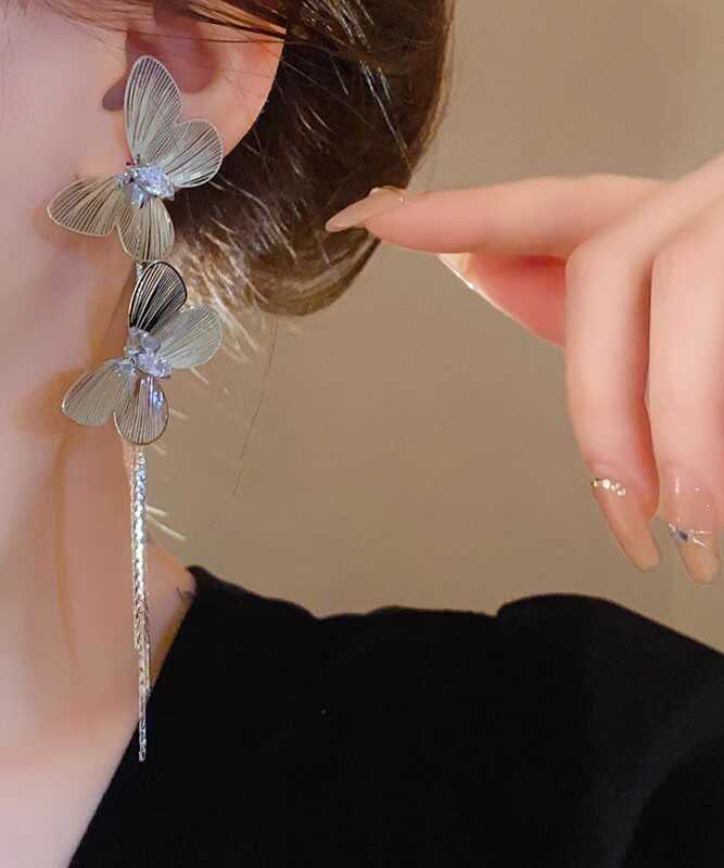 Oversize Gold Sterling Silver Overgild Butterfly Tassel Drop Earrings