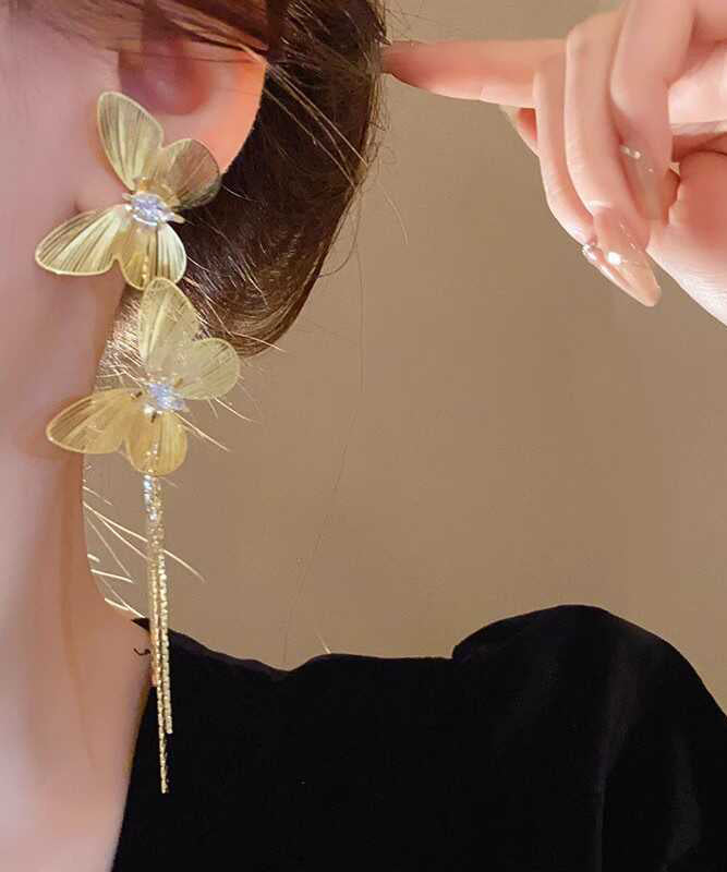 Oversize Gold Sterling Silver Overgild Butterfly Tassel Drop Earrings