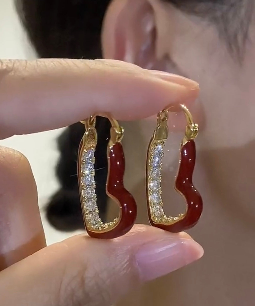 Oversize Red Copper Overgild Zircon Drip Glaze Love Hoop Earrings