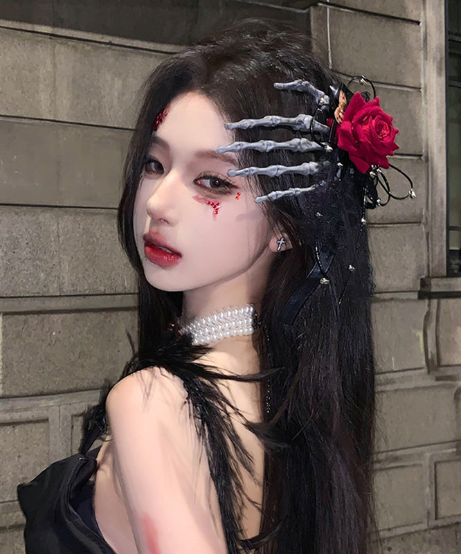 Oversize Red Rose Skeleton Hand Left Hand Hairpin