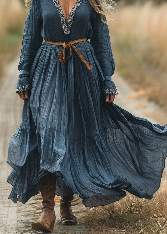 Pastoral Style Blue V Neck Patchwork Cotton Dresses Spring