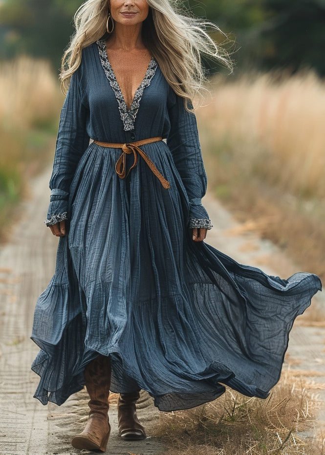 Pastoral Style Blue V Neck Patchwork Cotton Dresses Spring