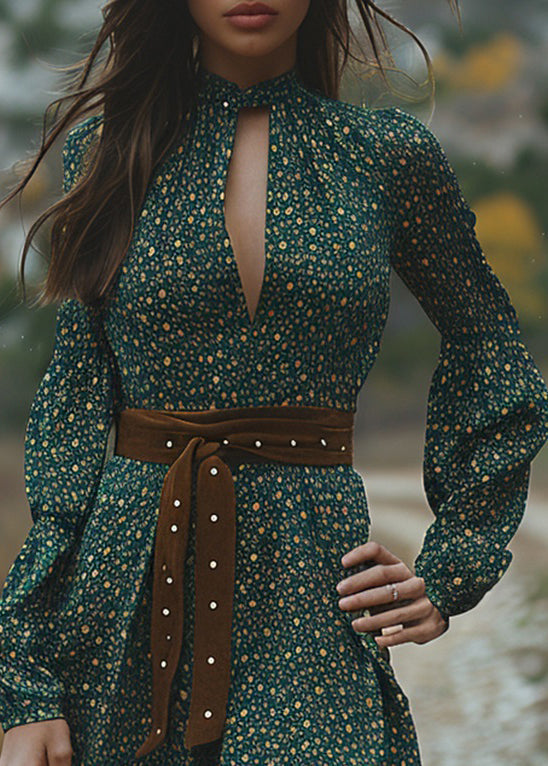Pastoral Style Green V Neck Long Sleeve Short Dress