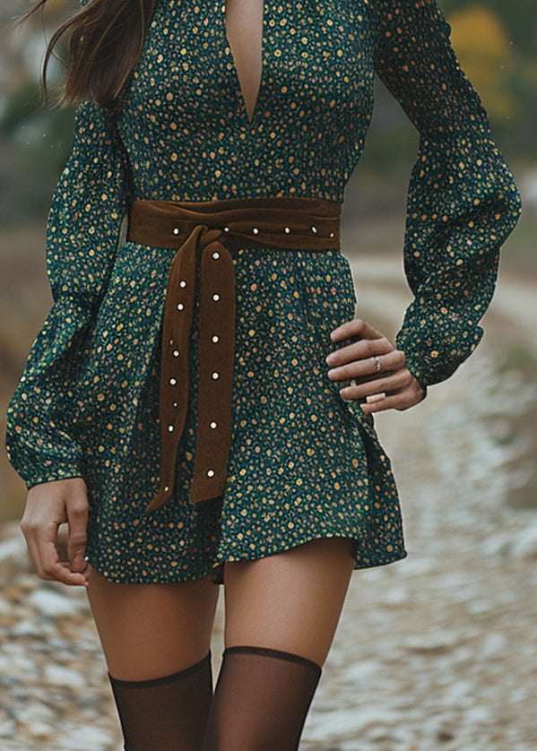 Pastoral Style Green V Neck Long Sleeve Short Dress
