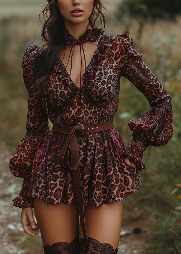 Pastoral Style Leopard Ruffled Mini Dresses Lantern Sleeve