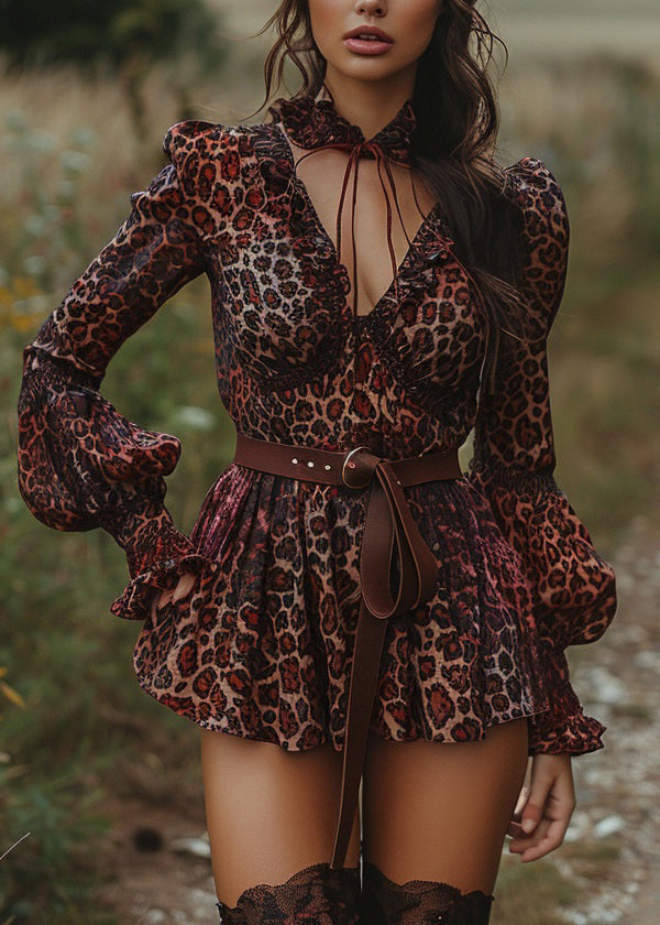 Pastoral Style Leopard Ruffled Mini Dresses Lantern Sleeve