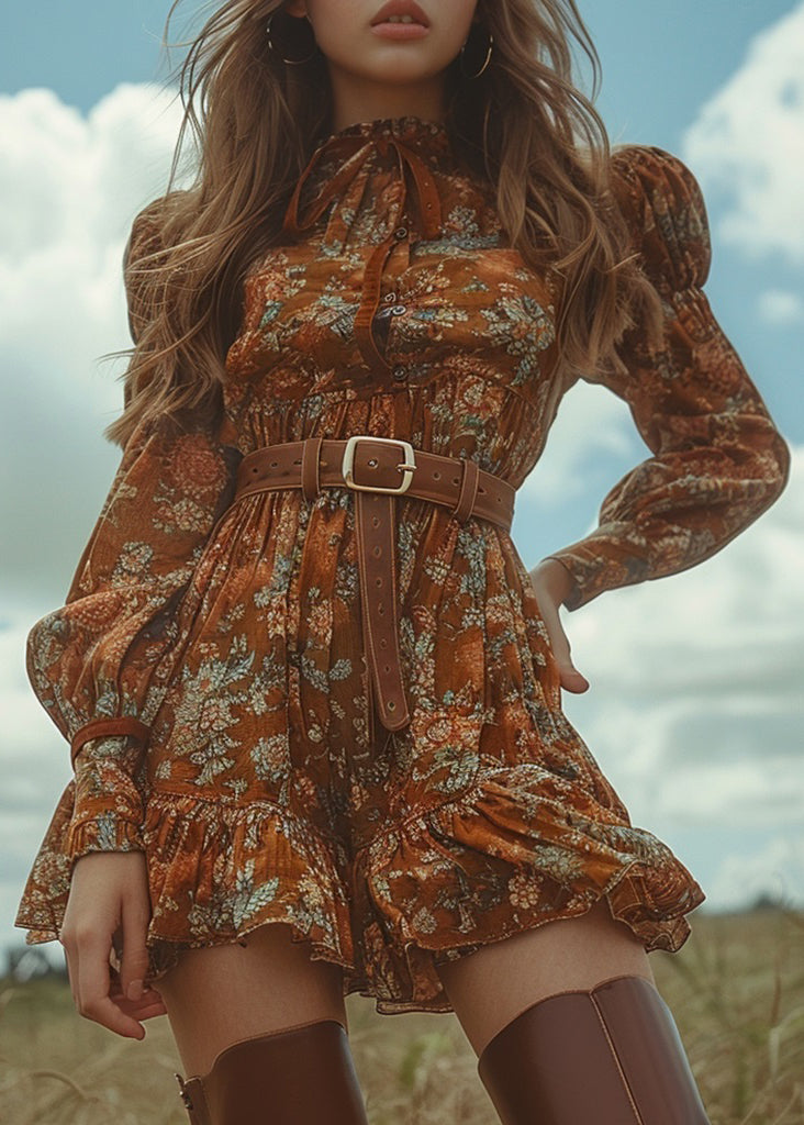 Pastoral Style Ruffled Print Bohemian Cotton Mini Dress Long Sleeve