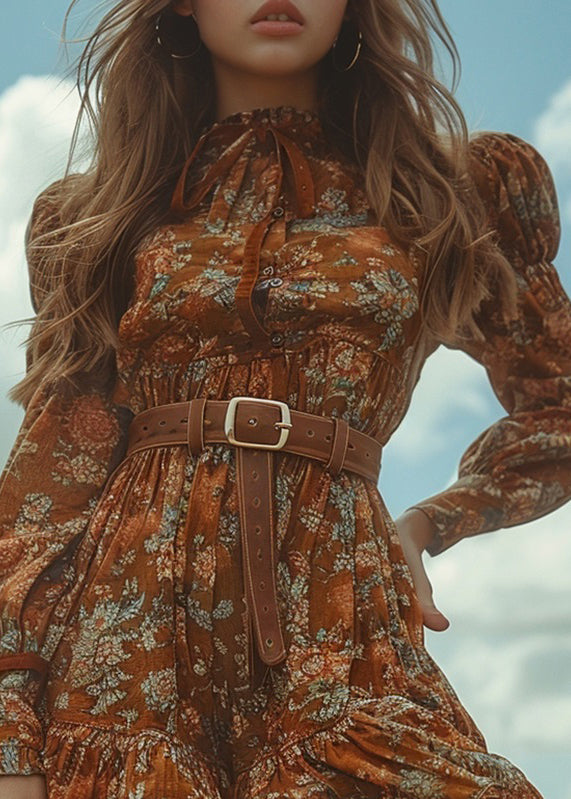 Pastoral Style Ruffled Print Bohemian Cotton Mini Dress Long Sleeve