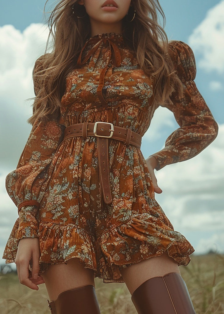 Pastoral Style Ruffled Print Bohemian Cotton Mini Dress Long Sleeve
