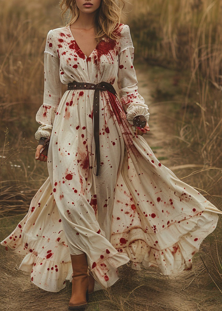 Pastoral Style V Neck Ruffled Patchwork Cotton Long Dress Spring