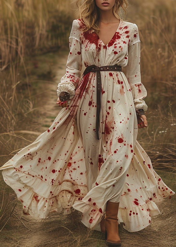 Pastoral Style V Neck Ruffled Patchwork Cotton Long Dress Spring