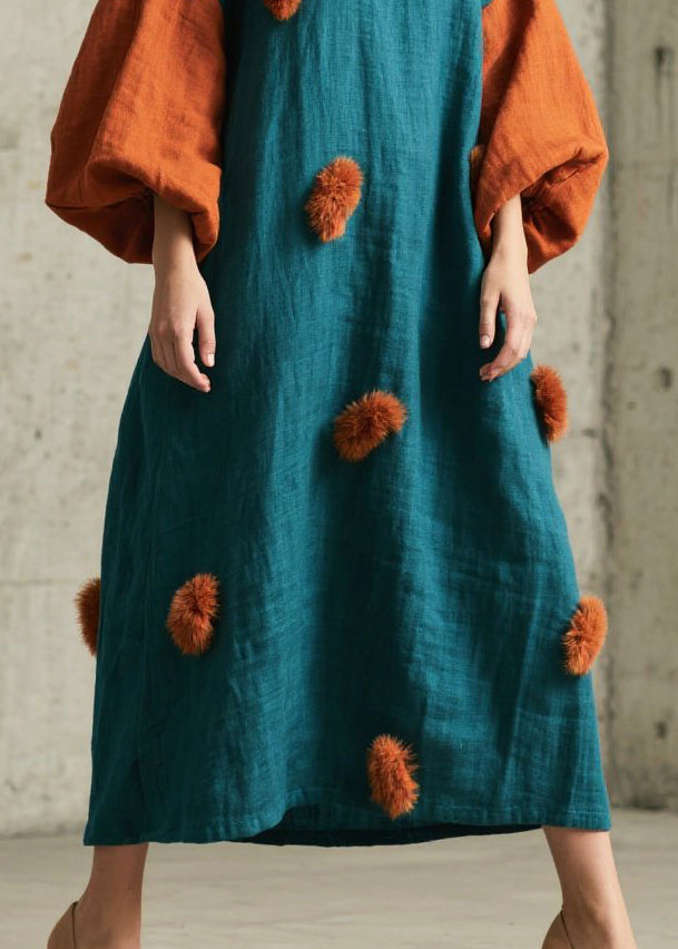 Peacock Blue Patchwork Dresses Oversized Fuzzy Ball Decorated Lantern Sleeve