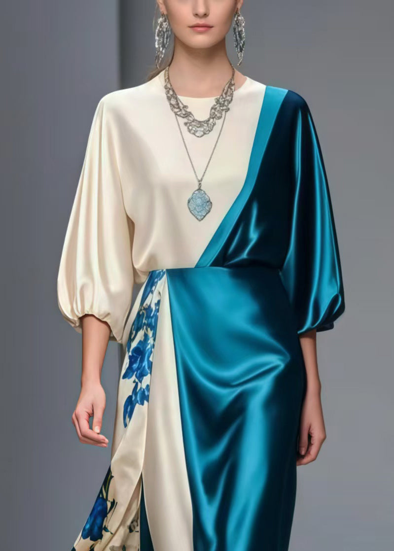 Peacock Blue Patchwork Silk Party Dress Asymmetrical Design Bracelet Sleeve